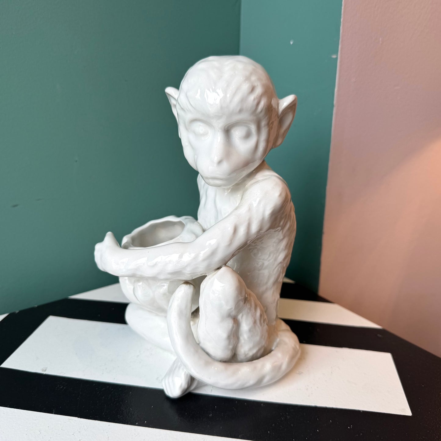 Vintage White Ceramic Monkey Planter