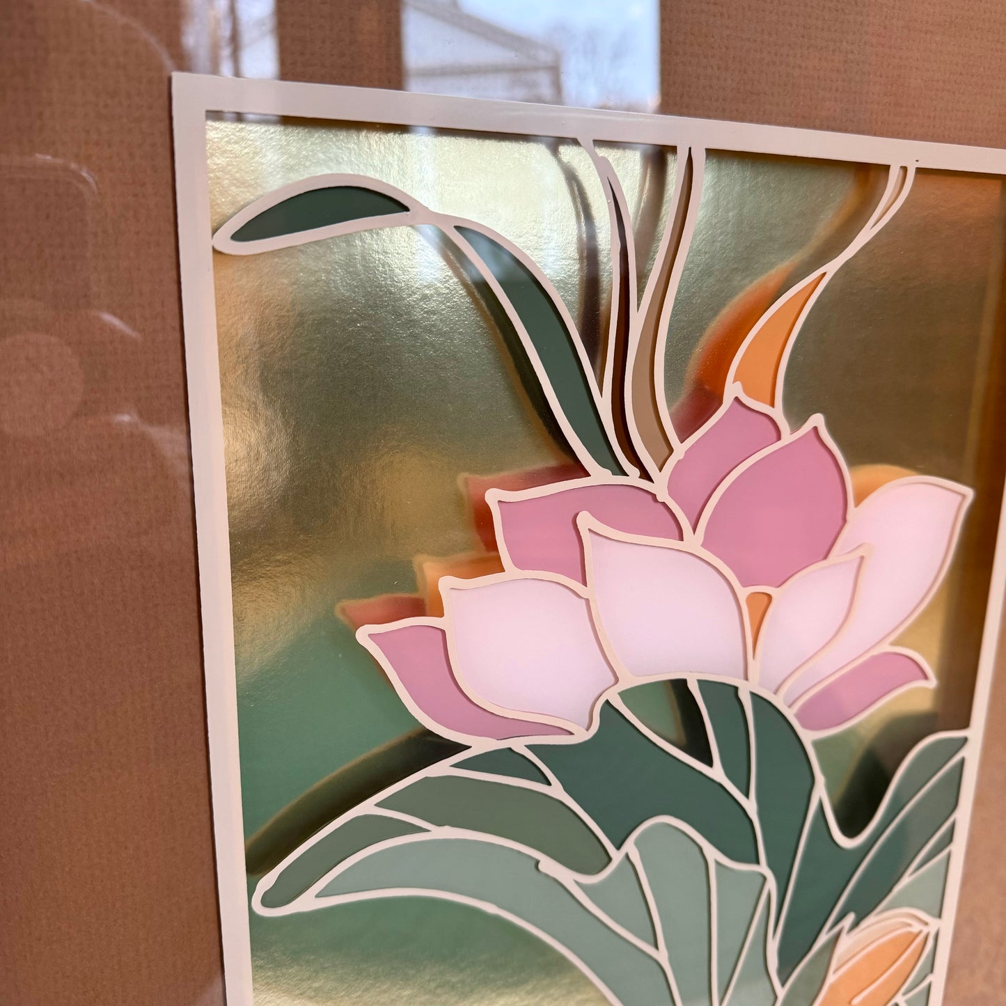 Vintage Framed Botanical Scene Painted on Glass Artwork by Jung Park