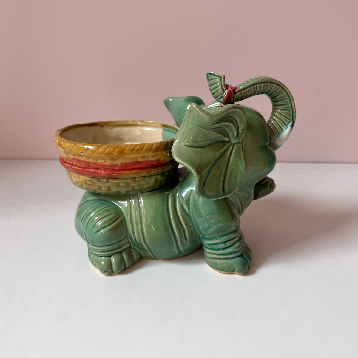 Vintage Green Ceramic Elephant Planter