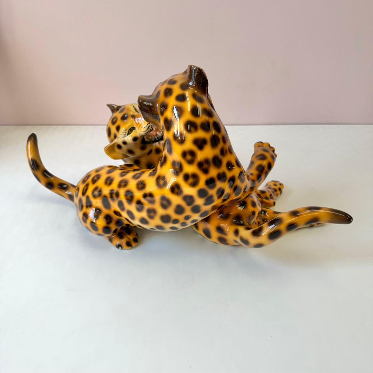 Vintage Mid-Century Ceramic Fighting Leopards Sculpture (as is)