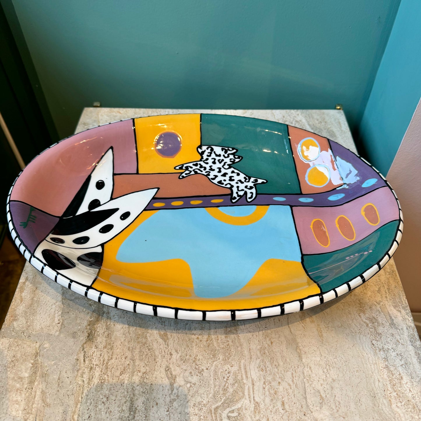 Vintage Postmodern Oval Ceramic Serving Platter - Signed