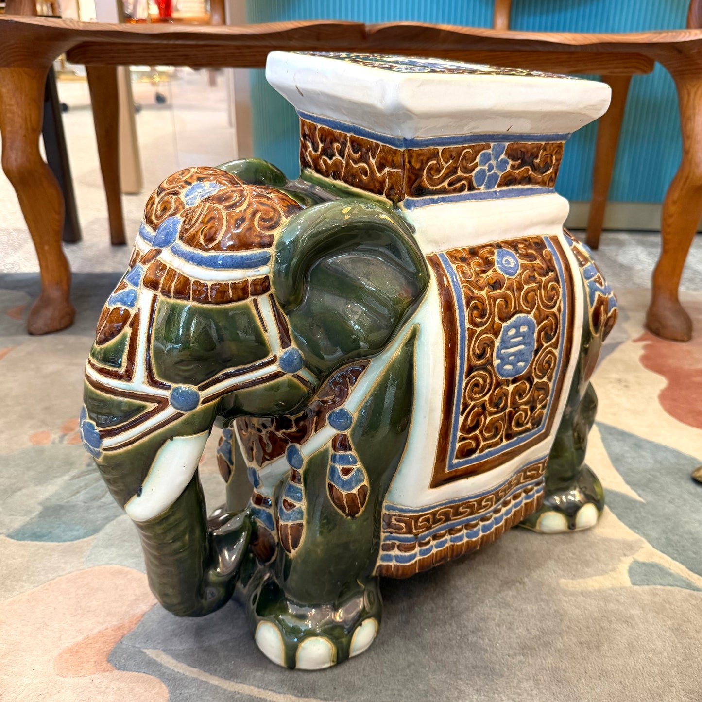 Vintage Hand Painted Green Ceramic Asian Elephant Plant Stand