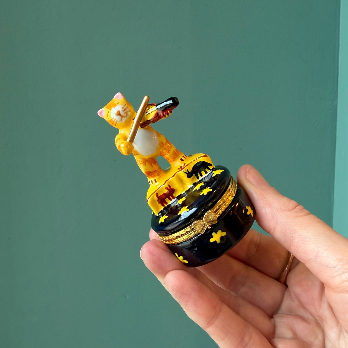 Cat Playing Fiddle Hand Painted Ceramic Trinket Box