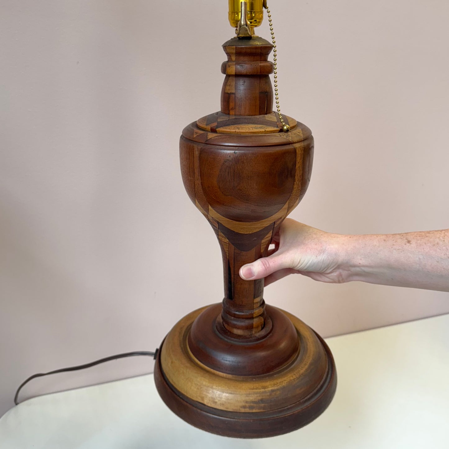 Mid Century Turned Mixed Wood Lamp W/Shade