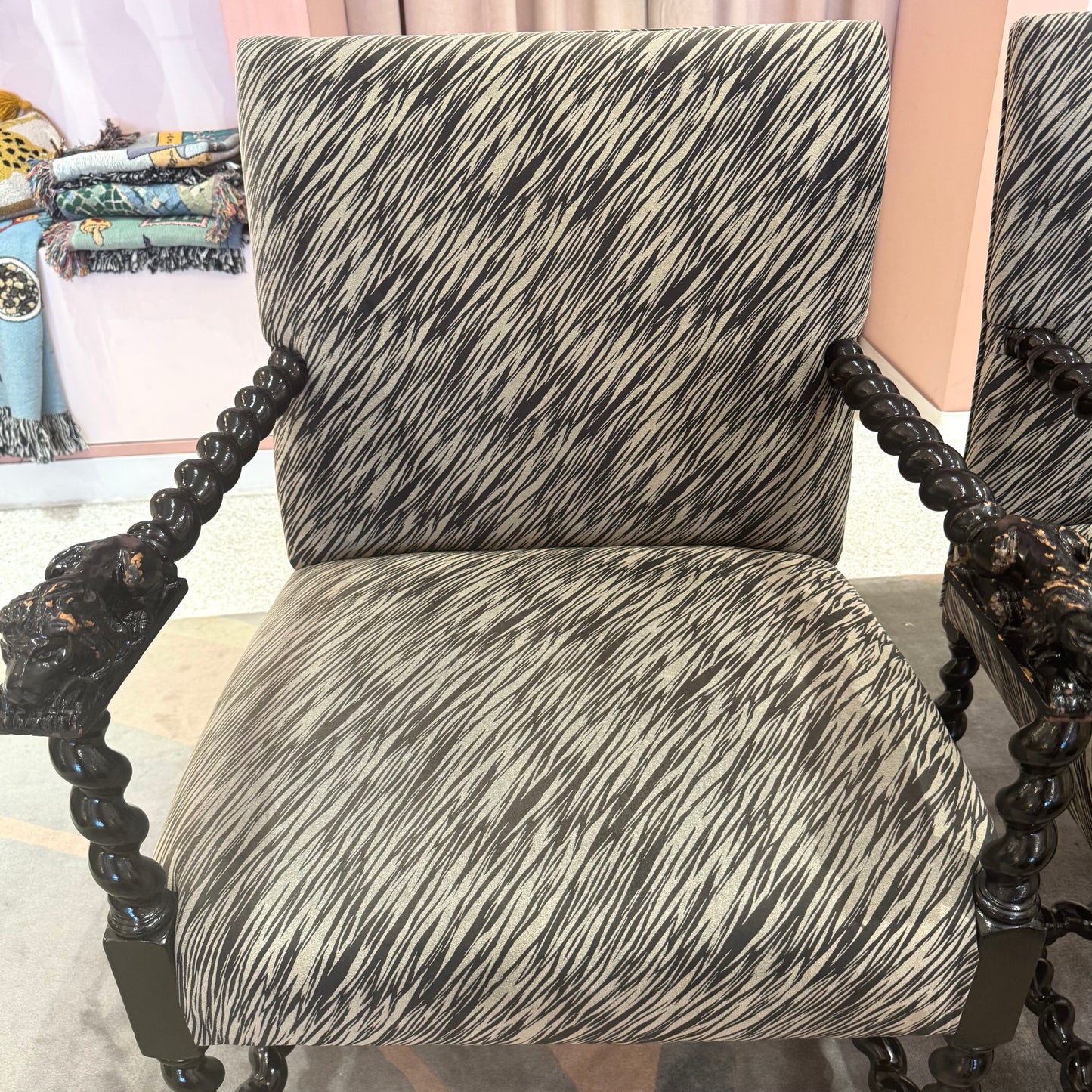 Antique Lions Head Barley Twist Suede Chair/item