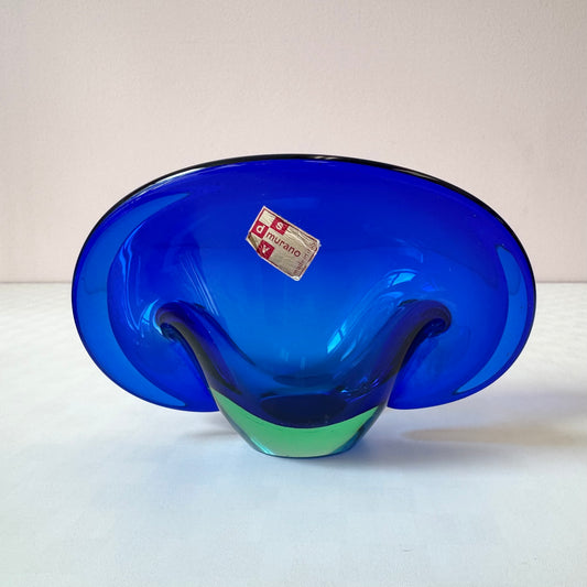 Vintage Murano Glass Blue and Green Clam Shell Bowl
