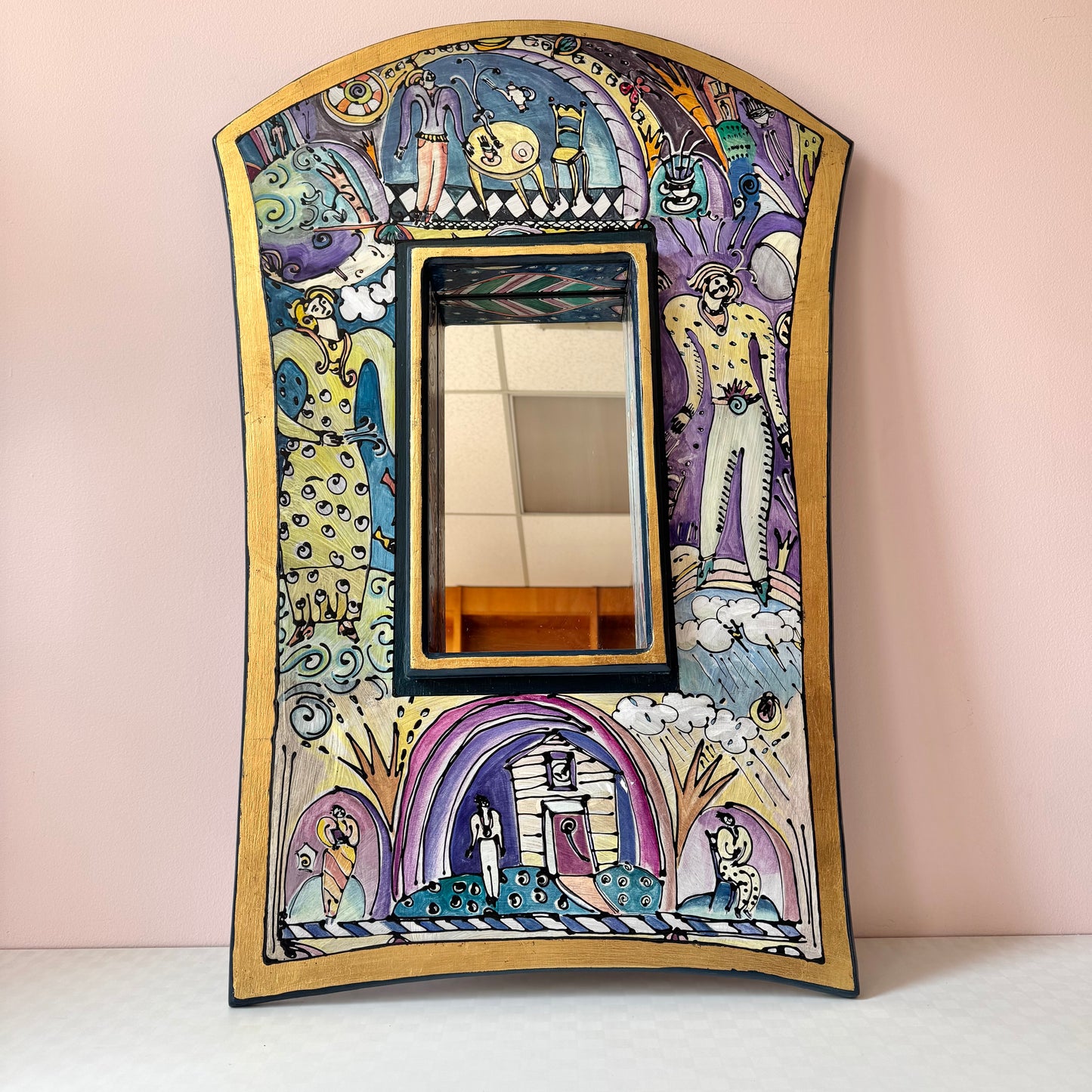 Vintage Hand Painted Whimsical Illustration Art Mirror