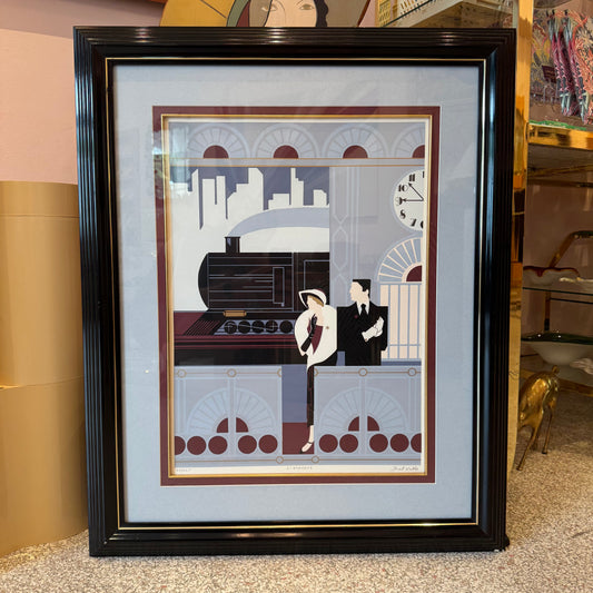 Vintage Framed Art Deco Style "L'Express" Signed Limited Edition Serigraph by Del Valle