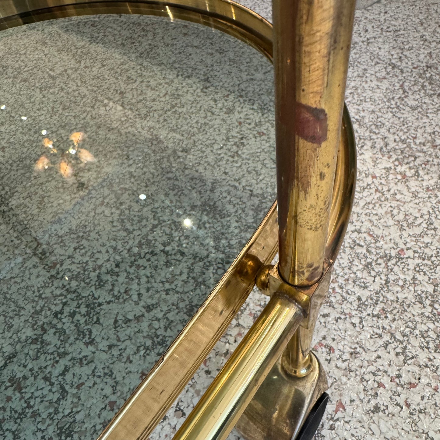 Vintage Oval Brass and Smoked Glass Rolling Bar Cart