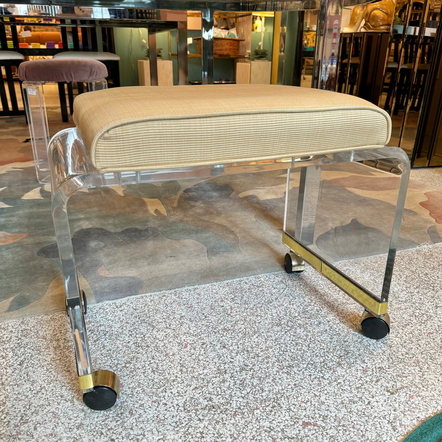 Vintage Lucite Bench with Beige Seat and Wheels
