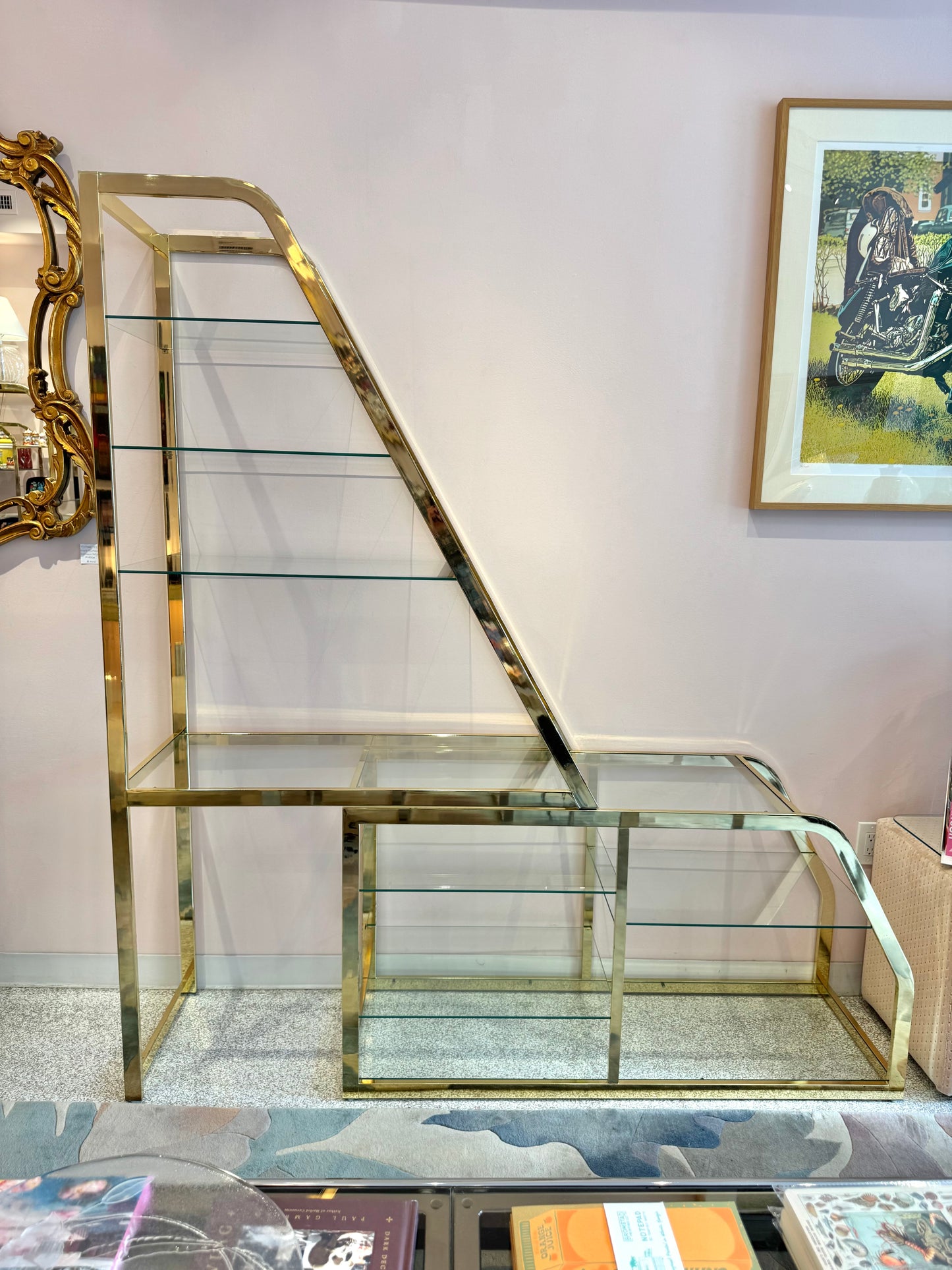 Vintage Asymmetrical Brass and Glass Etagere by DIA