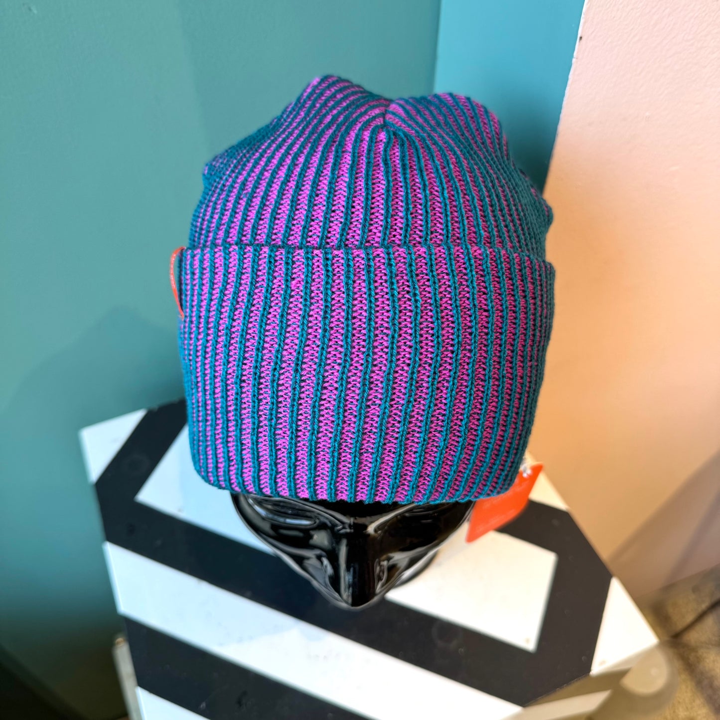 Rib Knit Beanie: Teal Magenta