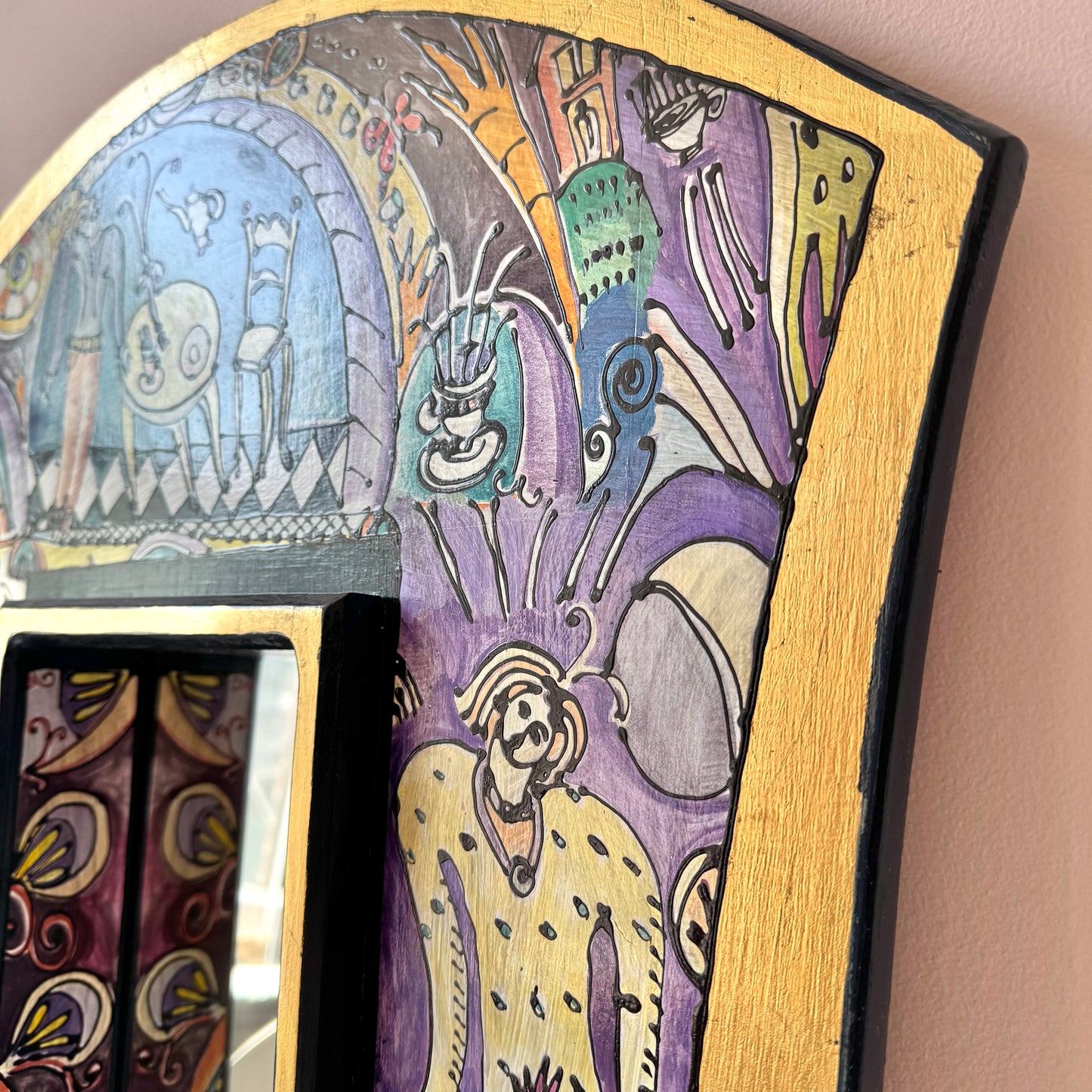 Vintage Hand Painted Whimsical Illustration Art Mirror
