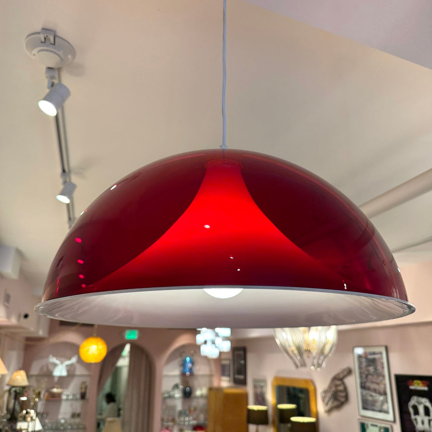 Vintage Red and White Space Age Dome Pendant Light
