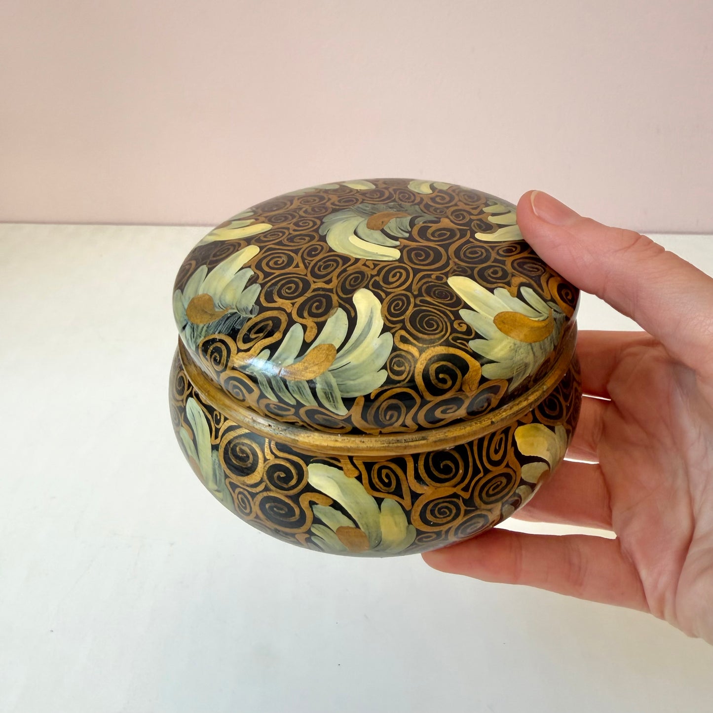 Vintage Hand Painted Lacquer Gold Swirl Floral Trinket Box