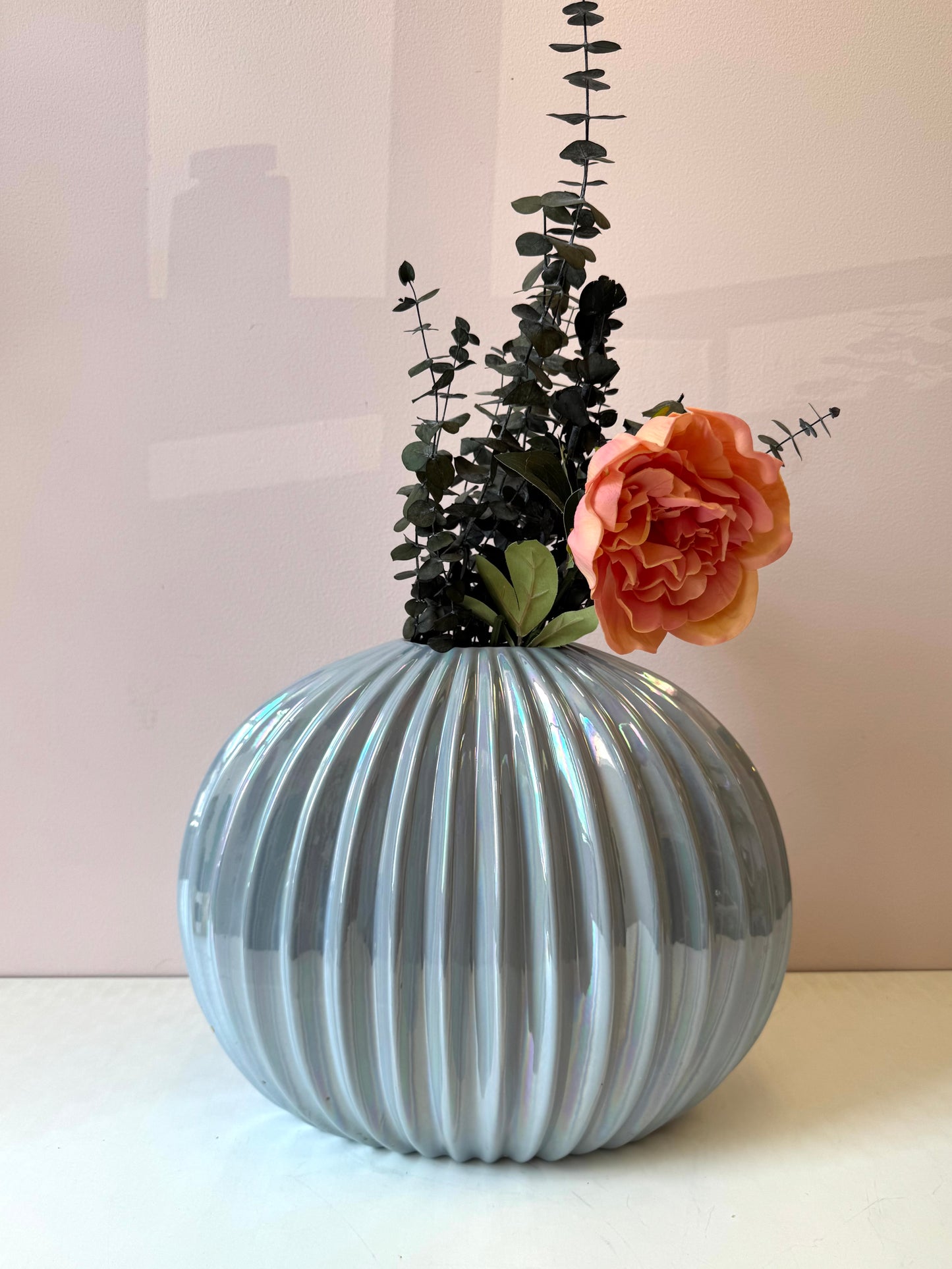 Vintage Pale Blue Opalescent Ribbed Vase