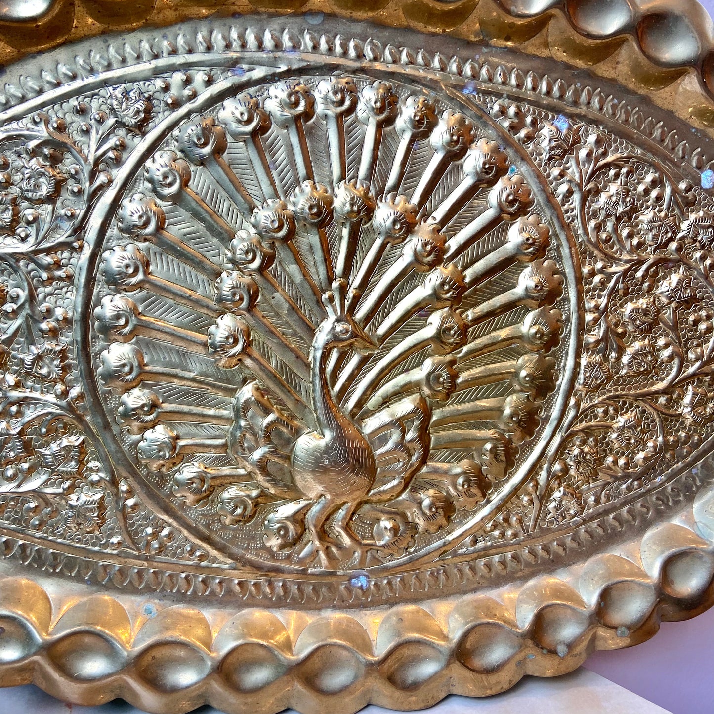 Vintage Brass Peacock Embossed Decorative Tray/Wall Hanging