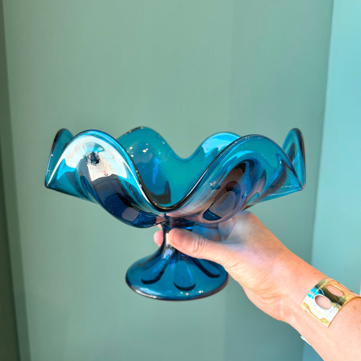Vintage 1960's "Bluenique" Art Glass Candy Bowl
