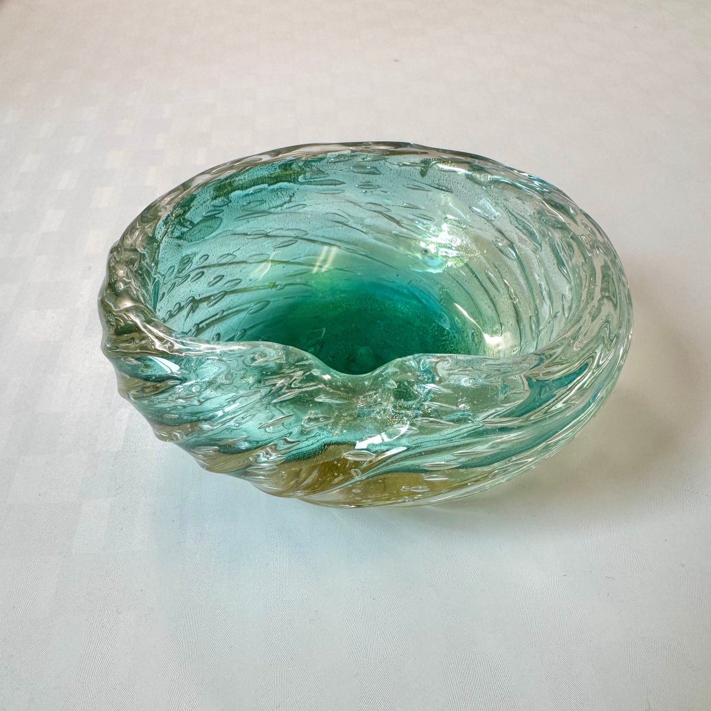 Chunky Vintage Aqua Green and Gold Leaf Murano Glass Ashtray/Bowl