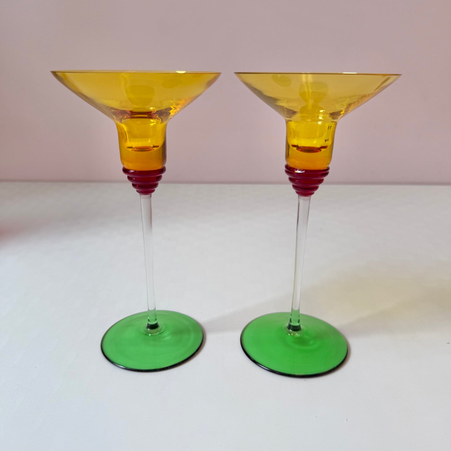 Pair of Vintage Memphis Style Glass Candle Holders 8"