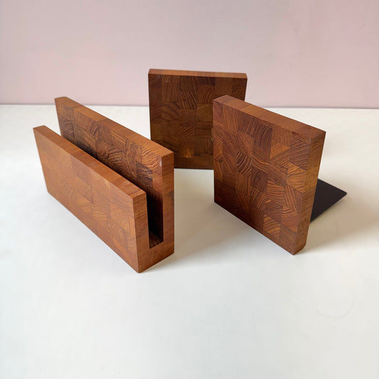 Vintage Set of Pieced Wood Block Bookends and Letter Holder