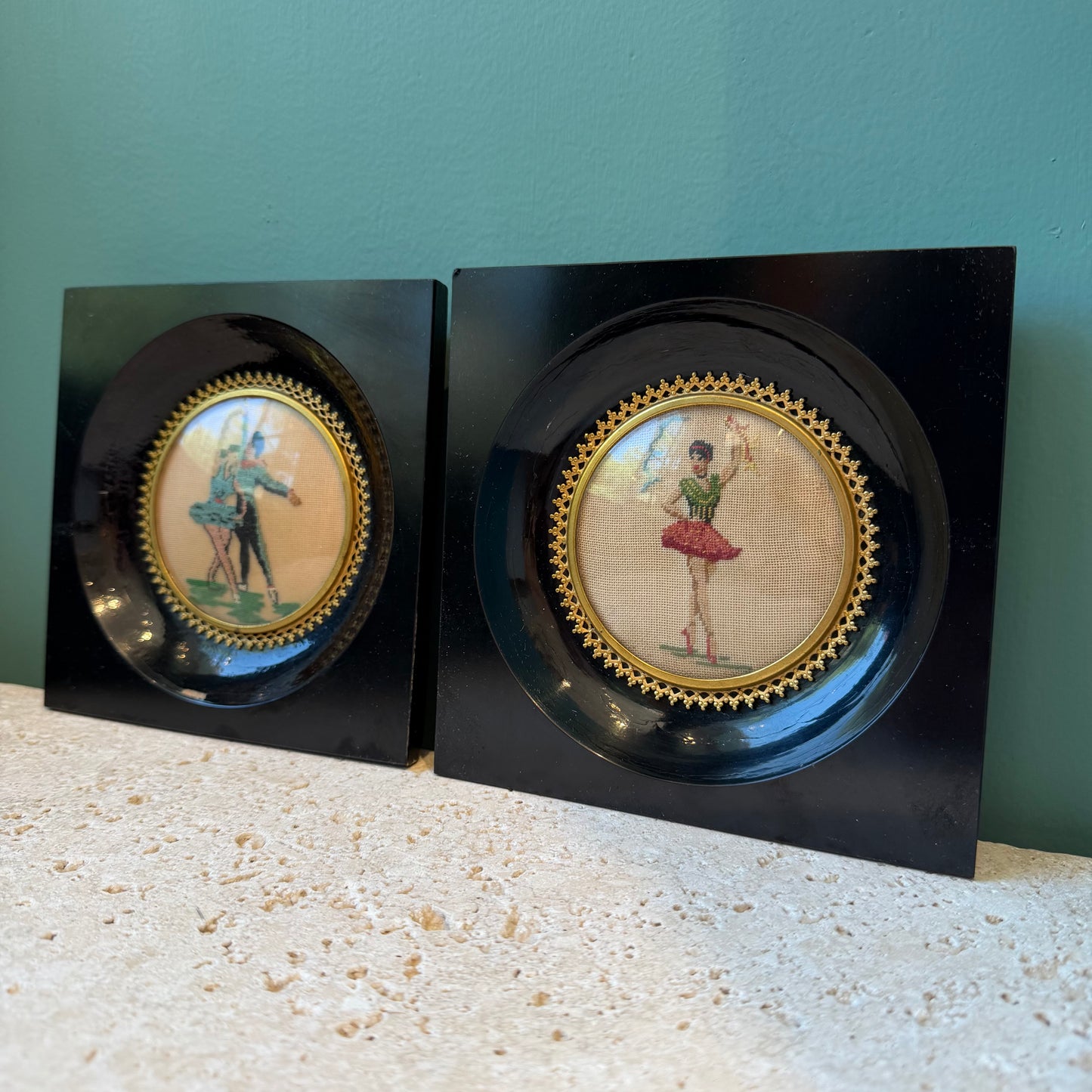 Pair of Vintage Needlepoint Ballerina Wall Plaques