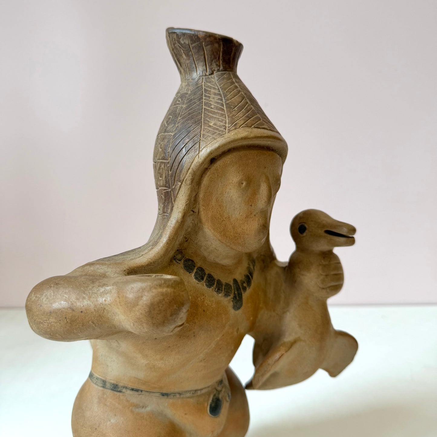 Vintage Mid-Century Aztec Style 'Warrior/Hunter Holding Bird' Clay Pottery Vase
