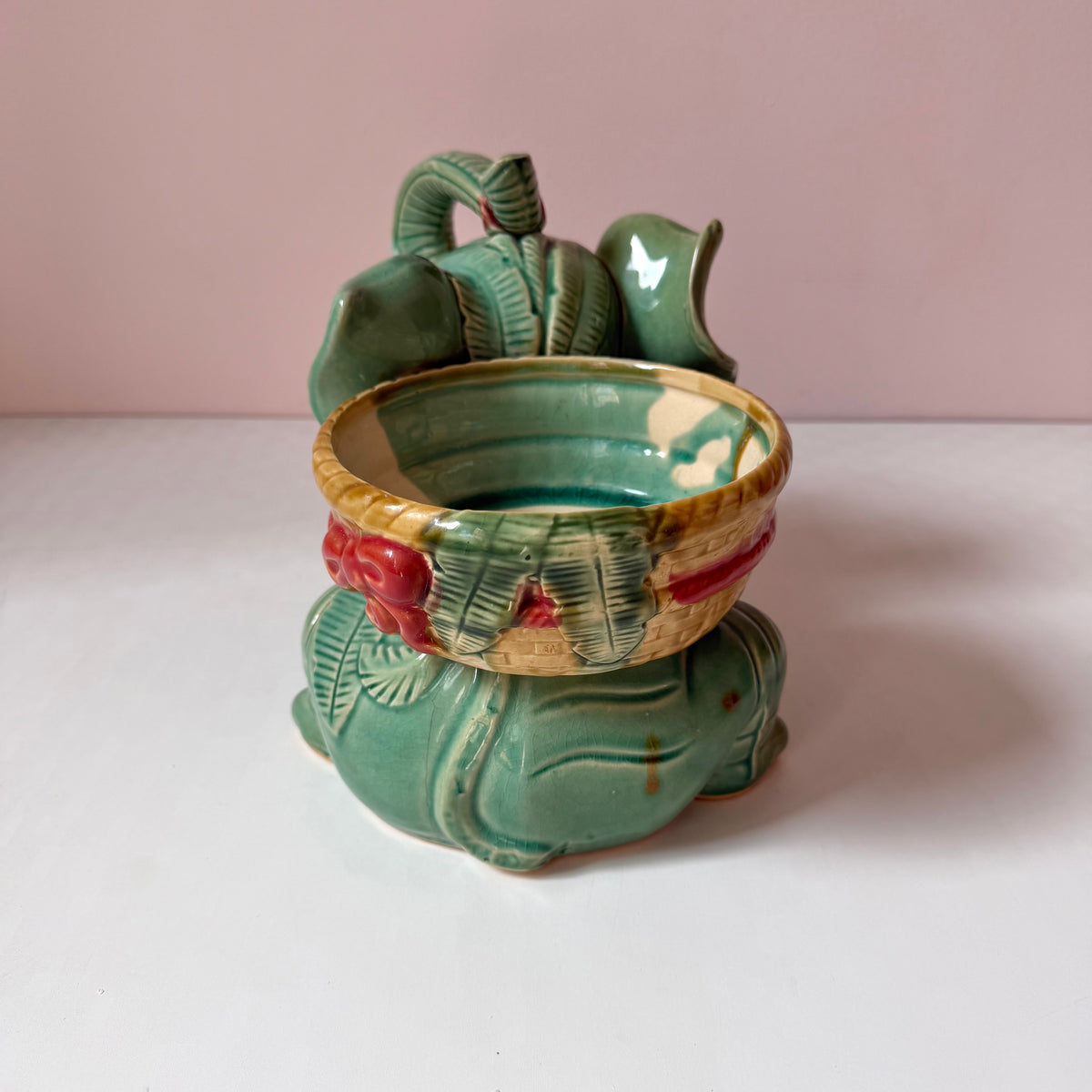 Vintage Green Ceramic Elephant Planter