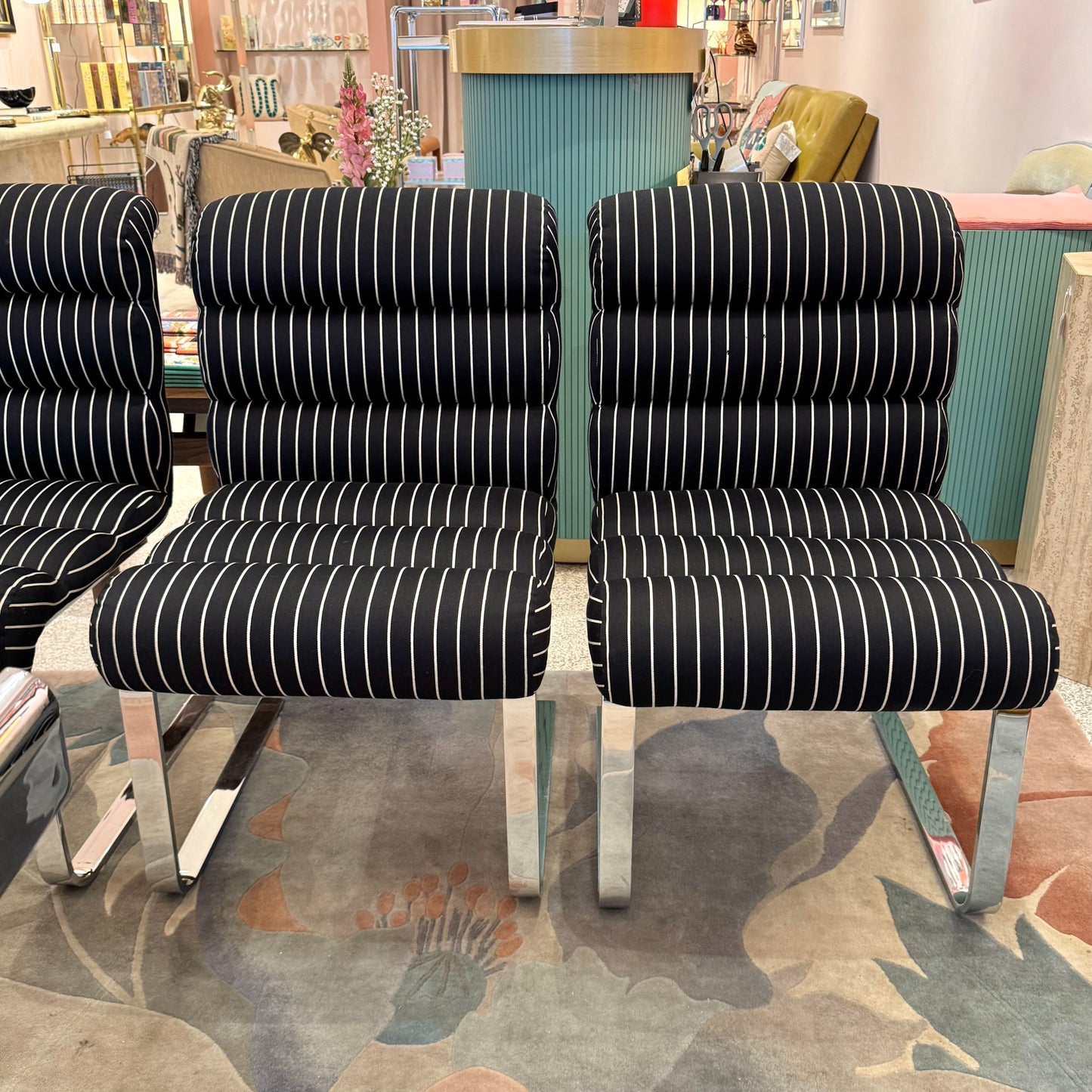 Set of Four 1970's Pace Collection Mariani Lugano Cantilever Dining Chairs in Black/White Stripe