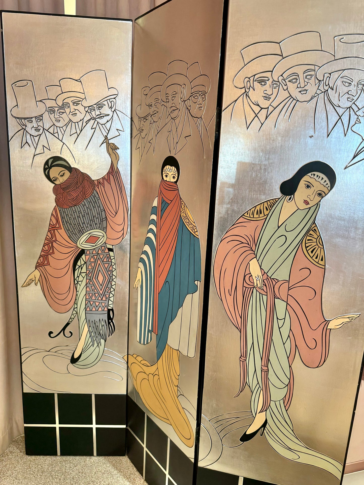 Vintage Art Deco Silver Leaf Tri-Fold Screen Room Divider