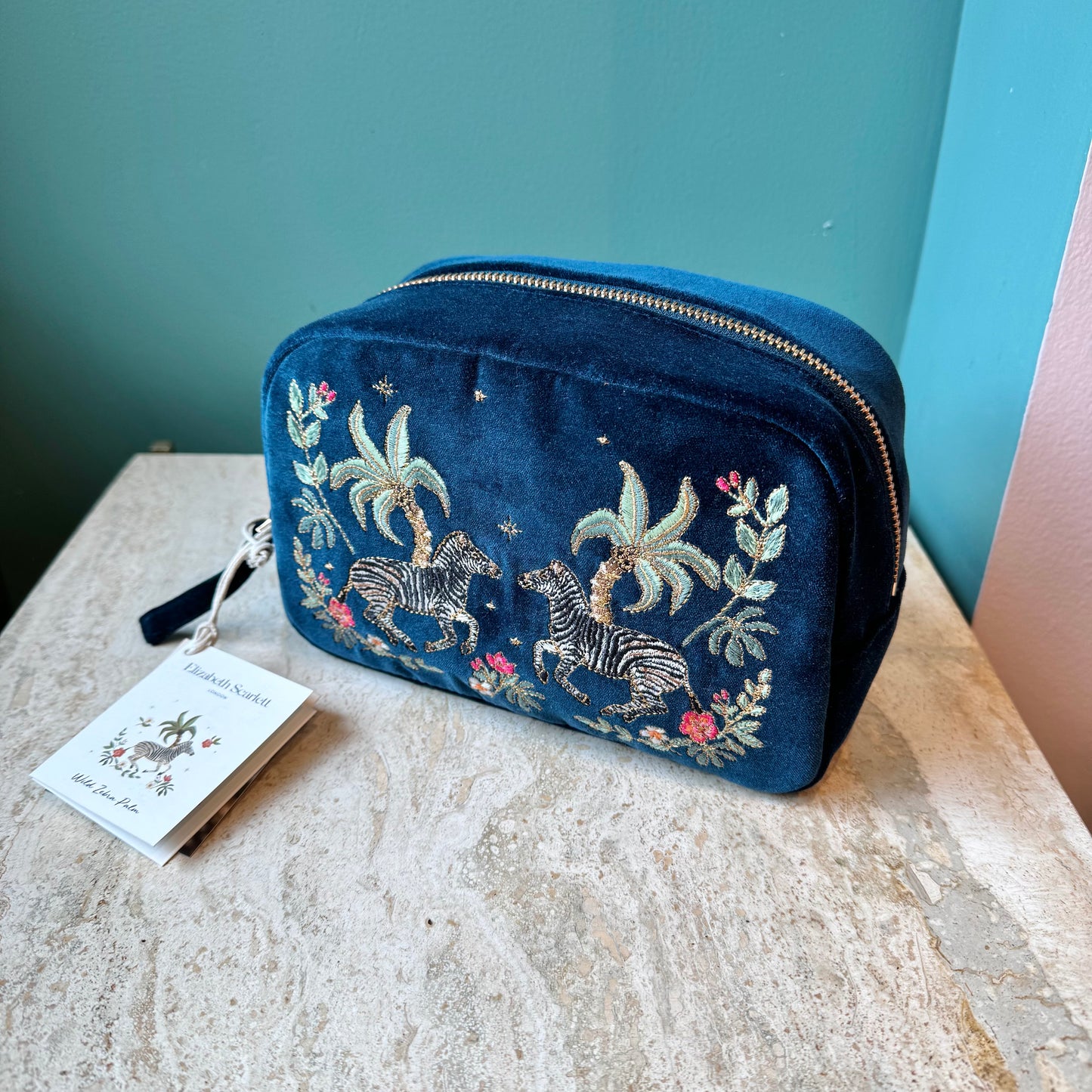 Midnight Blue Wild Zebra Velvet Makeup Bag by Elizabeth Scarlett