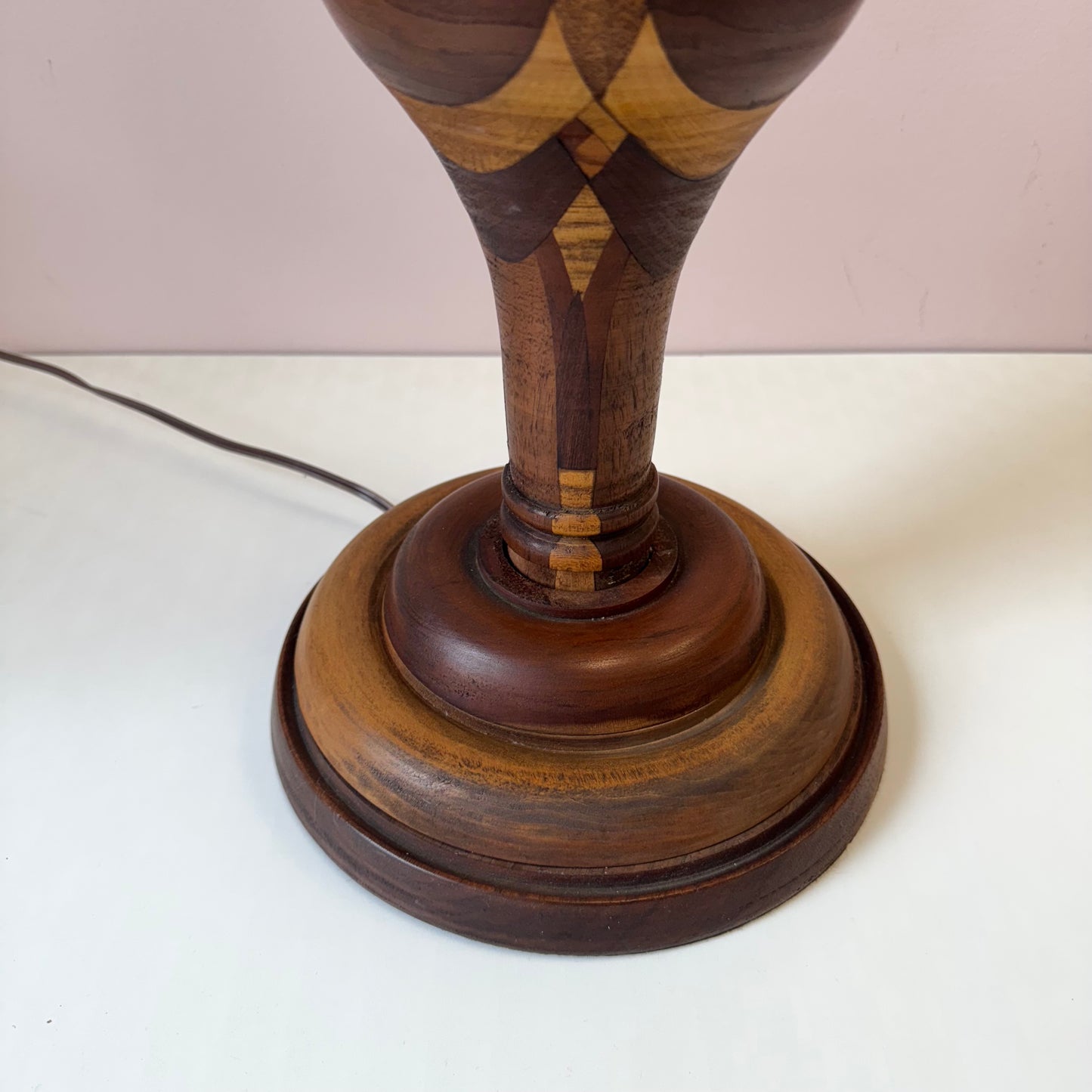 Mid Century Turned Mixed Wood Lamp W/Shade