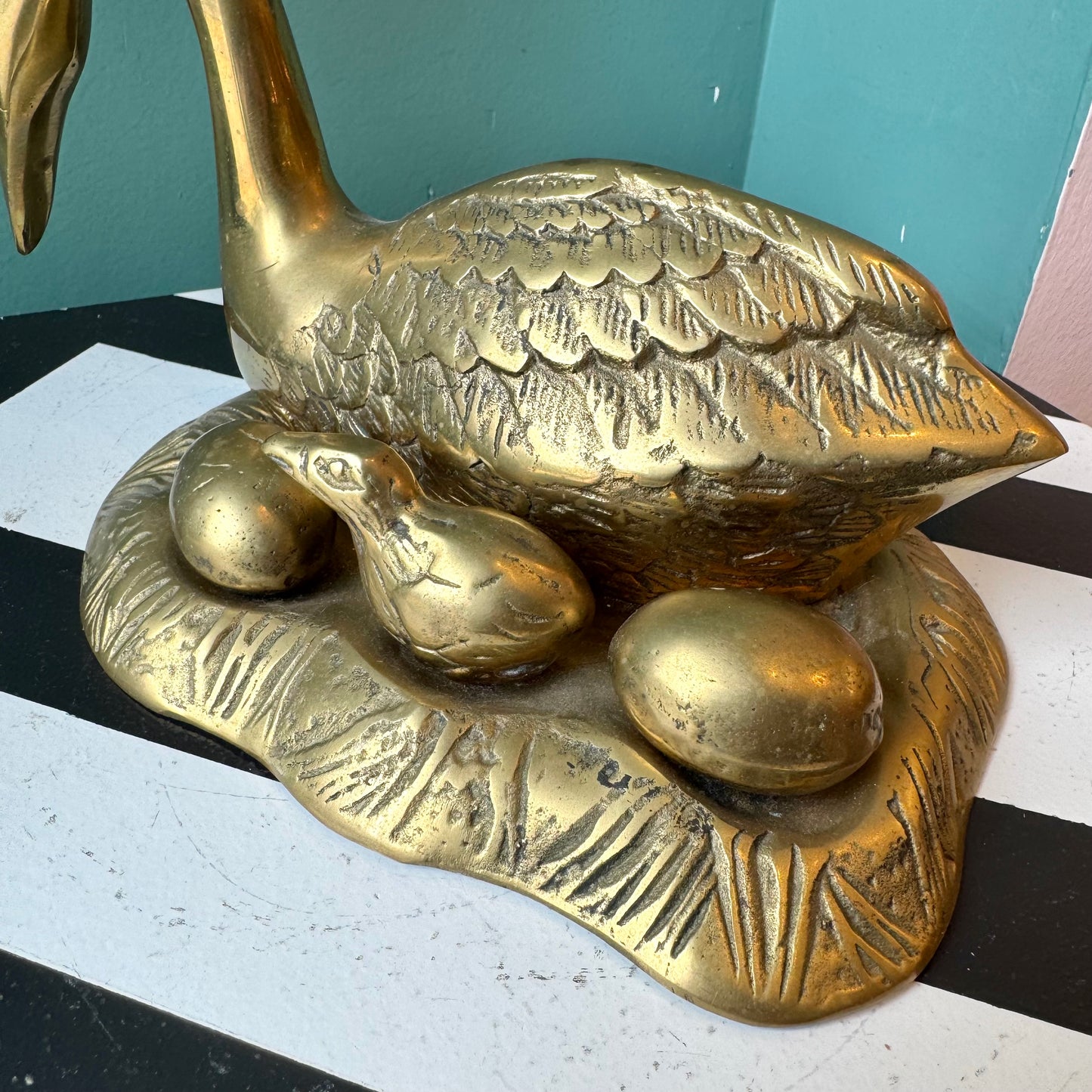 Vintage Brass Duck With Chick and Eggs