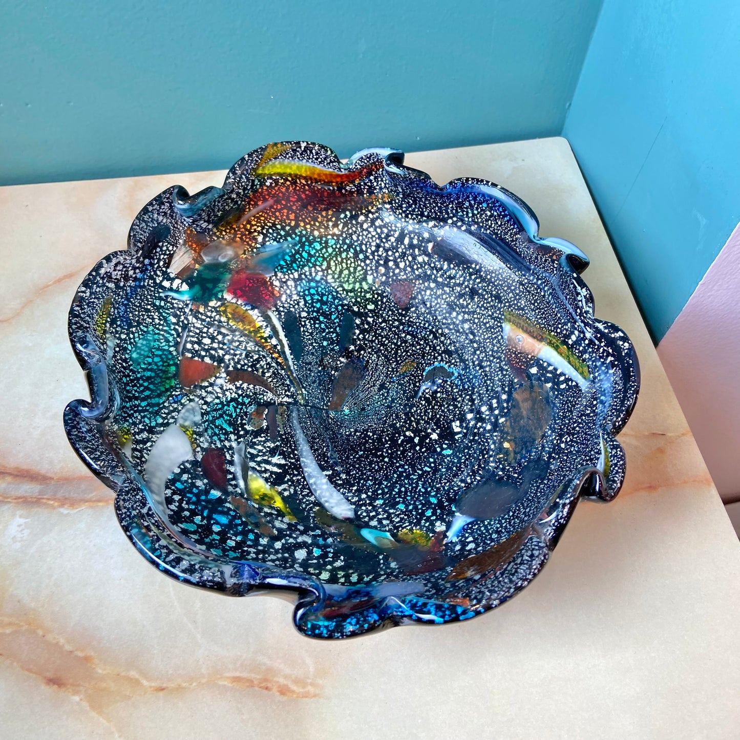 Vintage Colorful Murano Style Hand Blown Glass Bowl