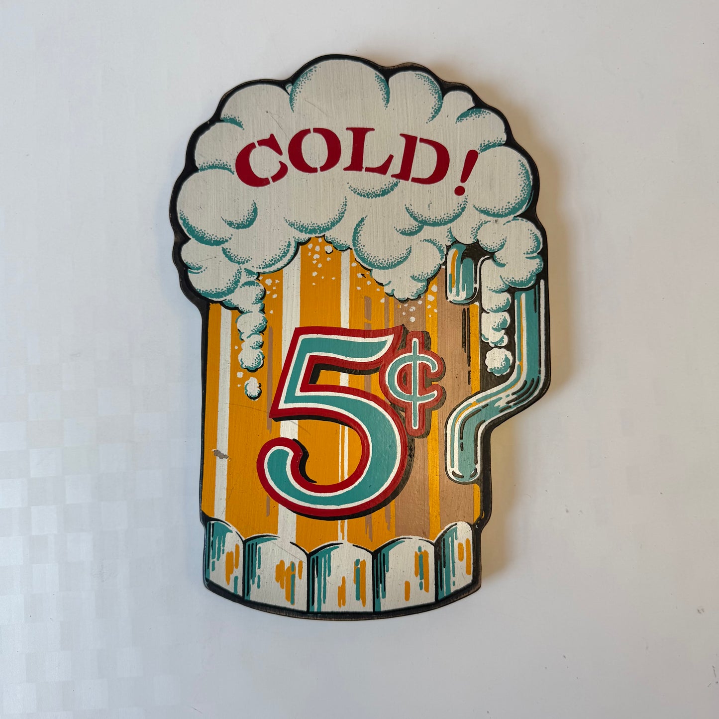 Vintage 1960's Wooden "Cold 5¢" Beer Wall Sign