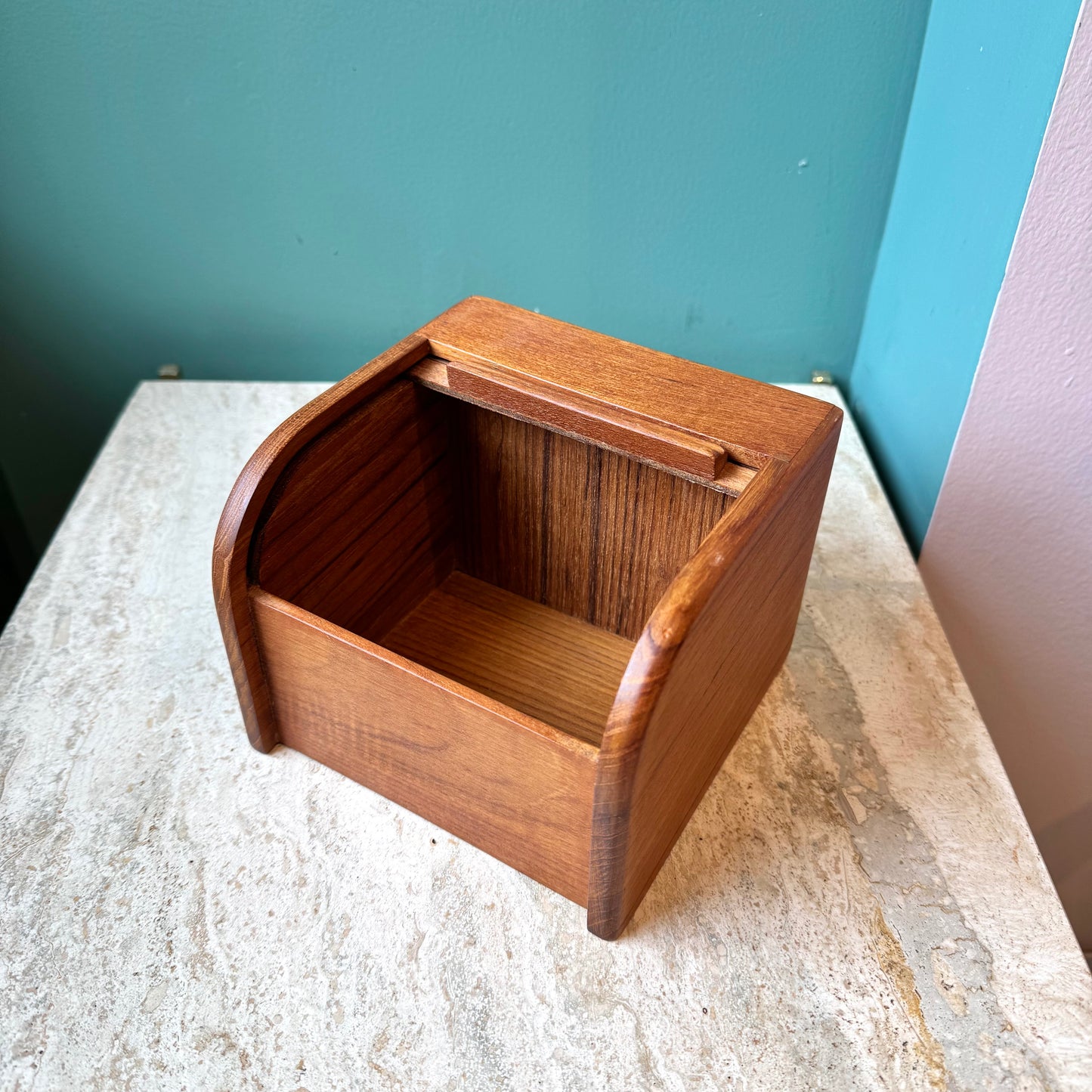 Vintage Teak Roll Top Desk Organizer