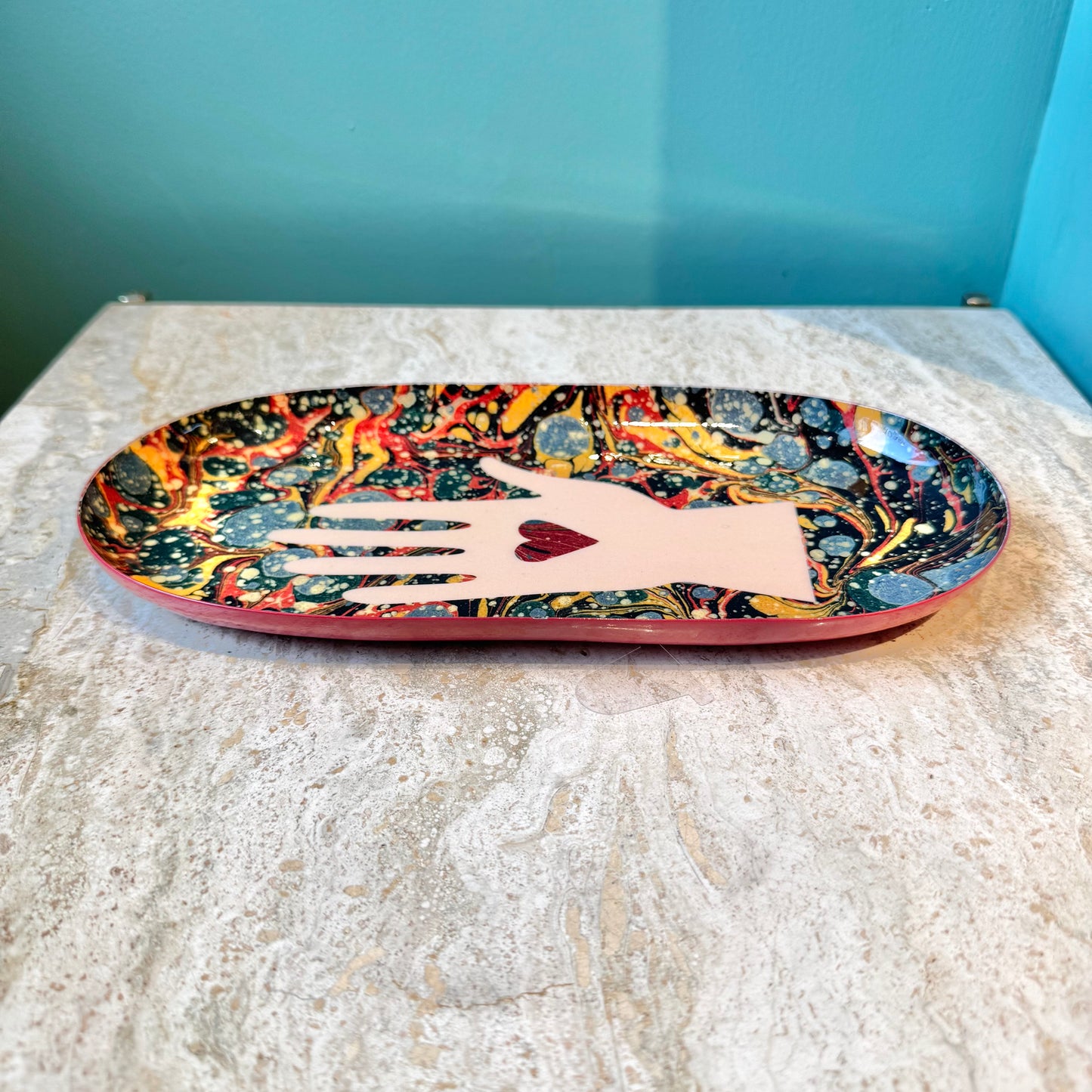 Heart in Hand Oval Enamel Tray by Roomytown London