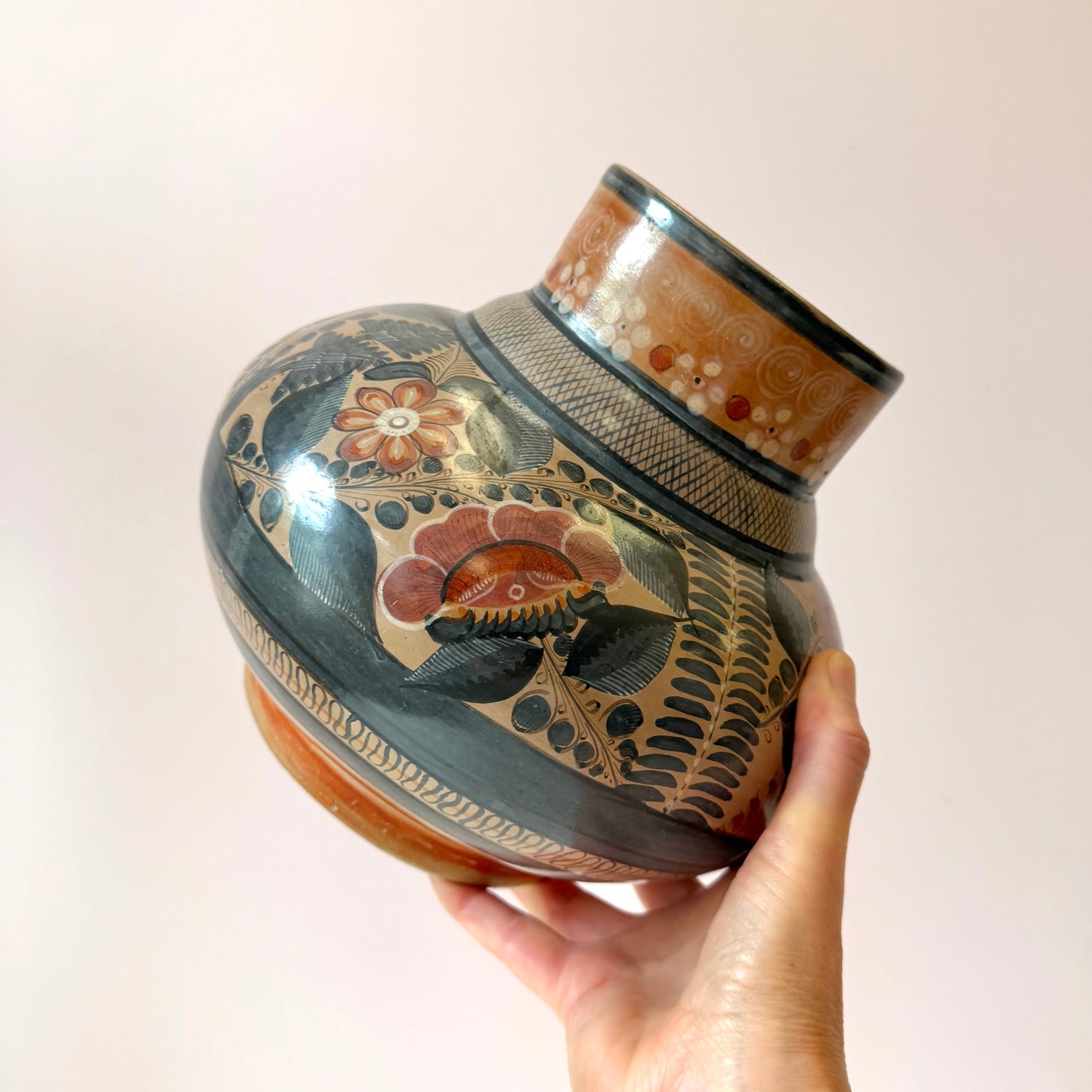Vintage Hand Painted Mexican Tonala Pottery Vase
