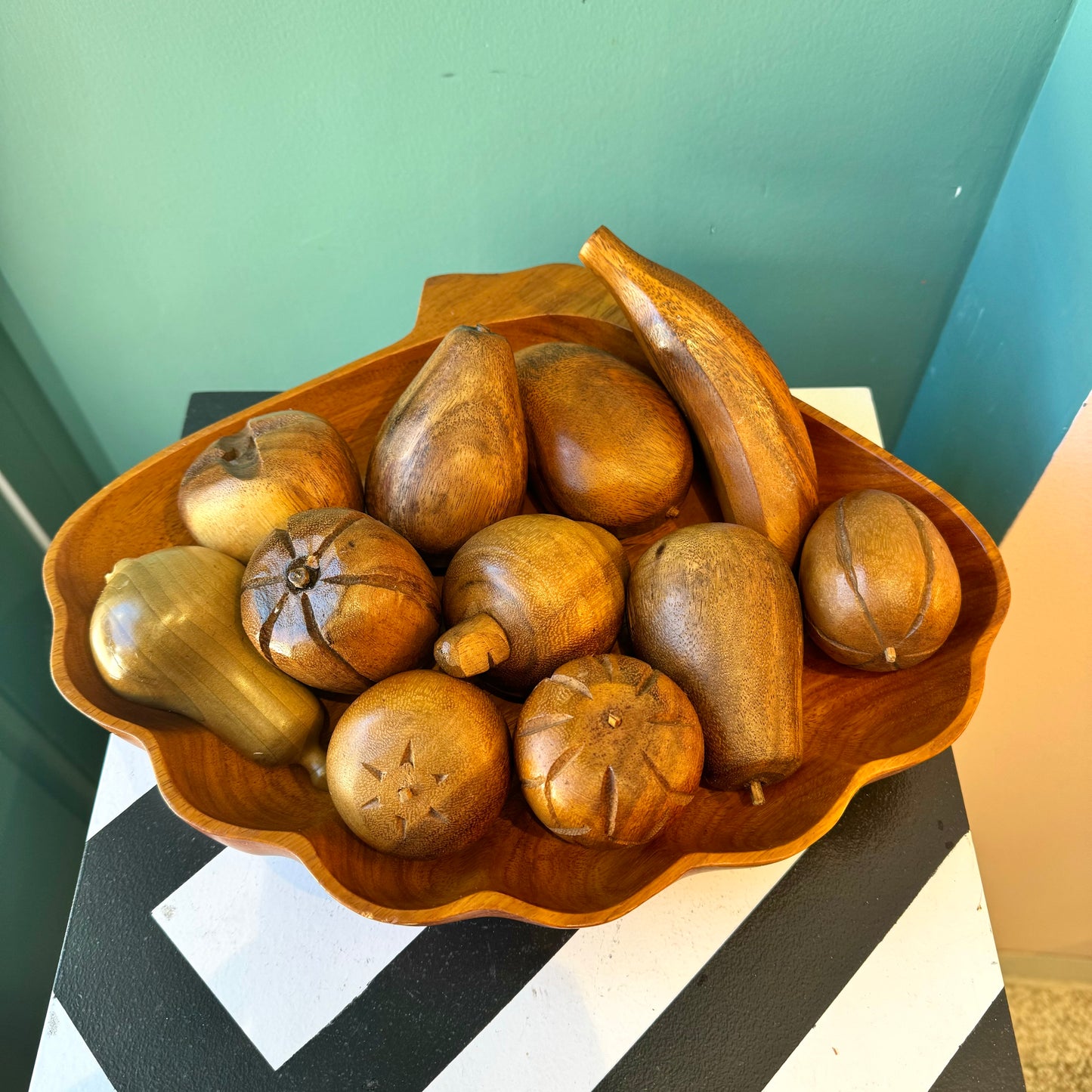 Mid Century Carved Monkey Pod Wooden Fruit and Bowl
