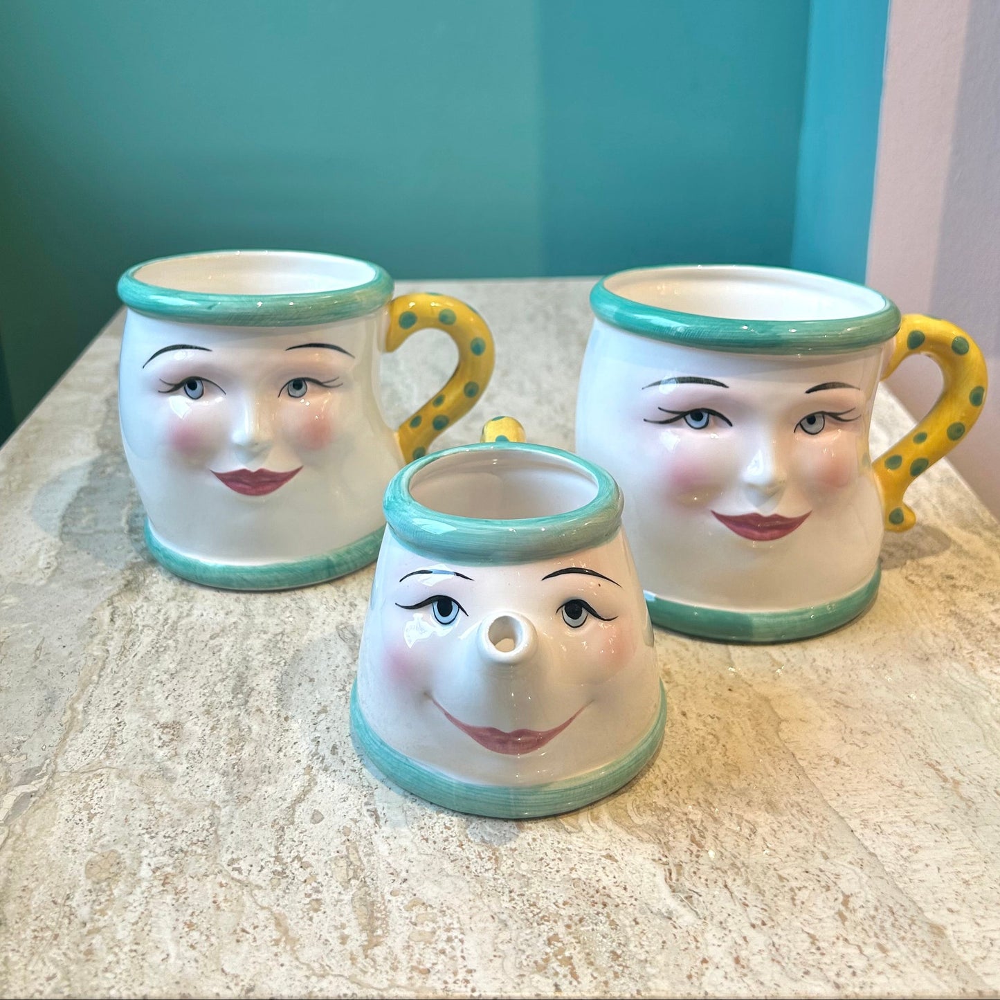Vintage 5 Piece Tea Set “Coffee Break” by Clay Art San Francisco, Dated 1993