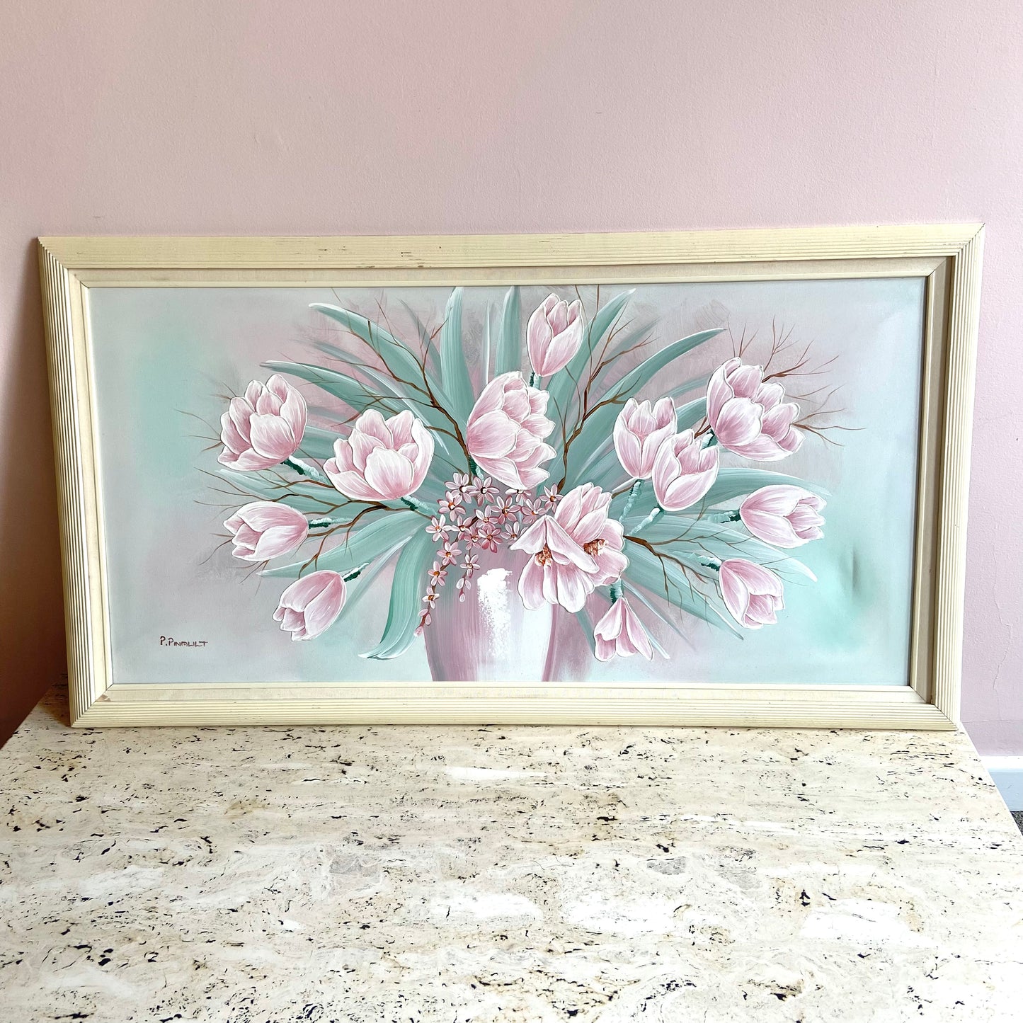 Framed 1980’s Pink Flower Bouquet Giclee by P. Pinault