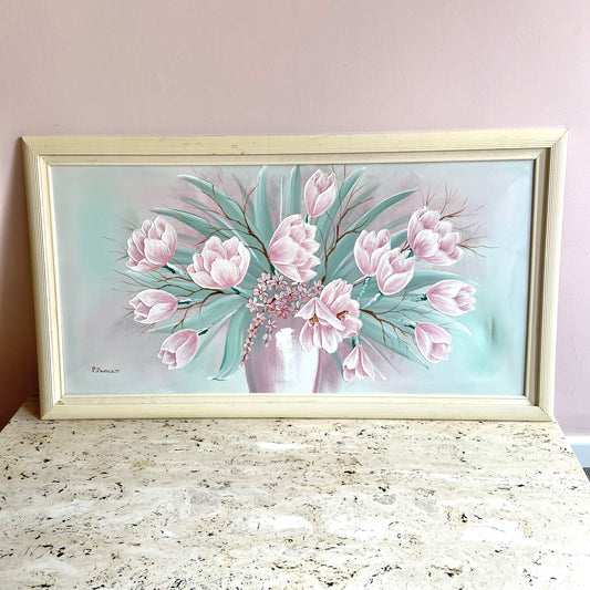 Framed 1980’s Pink Flower Bouquet Giclee by P. Pinault