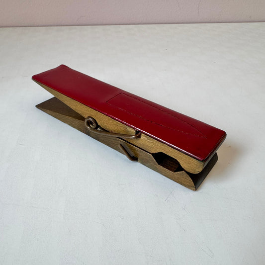 Vintage Large Wooden and Dark Red Leather Clothespin Paper Clip/Desk Decor
