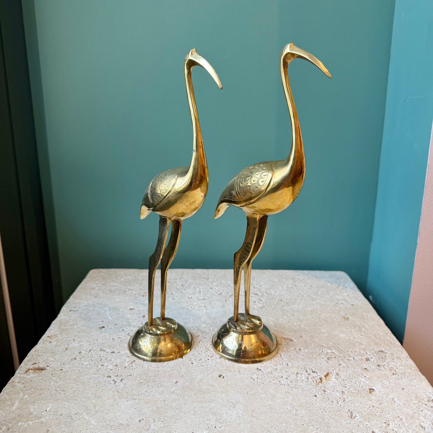 Vintage Pair of Brass Etched Cranes