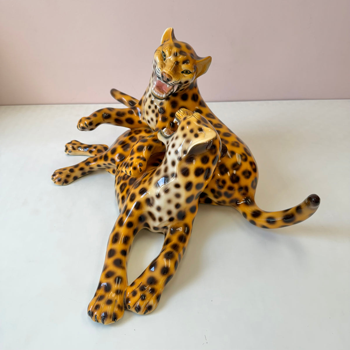 Vintage Mid-Century Ceramic Fighting Leopards Sculpture (as is)