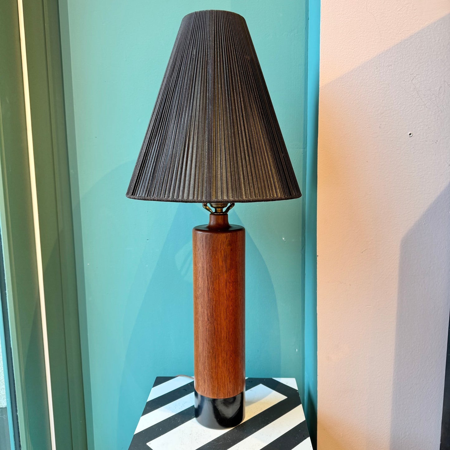 Vintage Mid Century Danish Teak and Leather Table Lamp by ESA