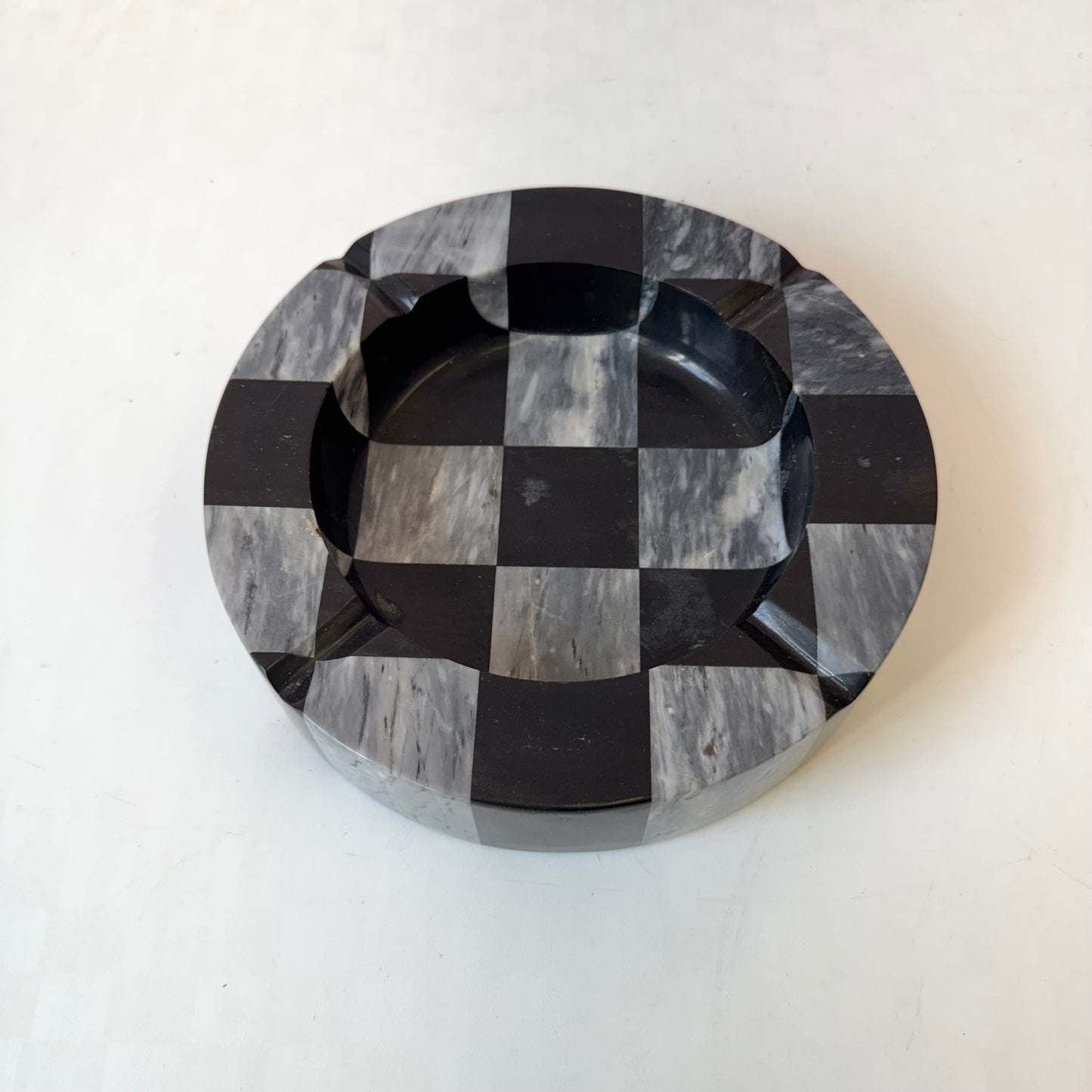 Vintage Black and Gray Checkered Marble Ashtray