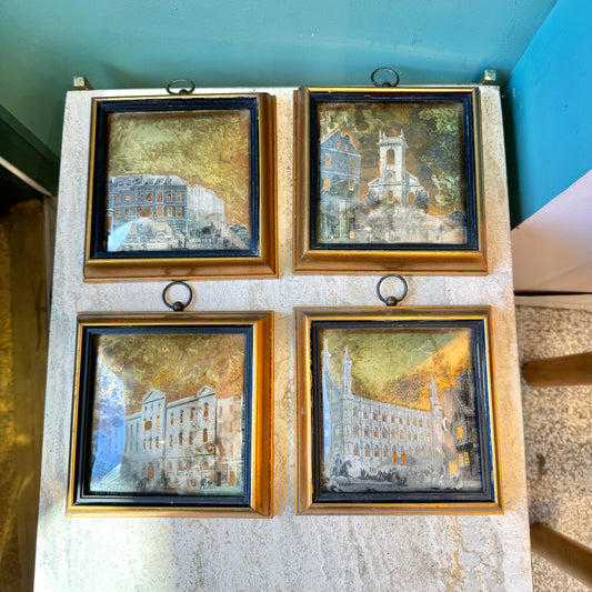Set of 4 Antique Framed Sungott Decoupage Gold Leaf Convex Glass Artworks