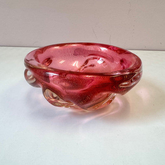 Vintage Pink and Gold Leaf Biomorphic Murano Glass Bowl