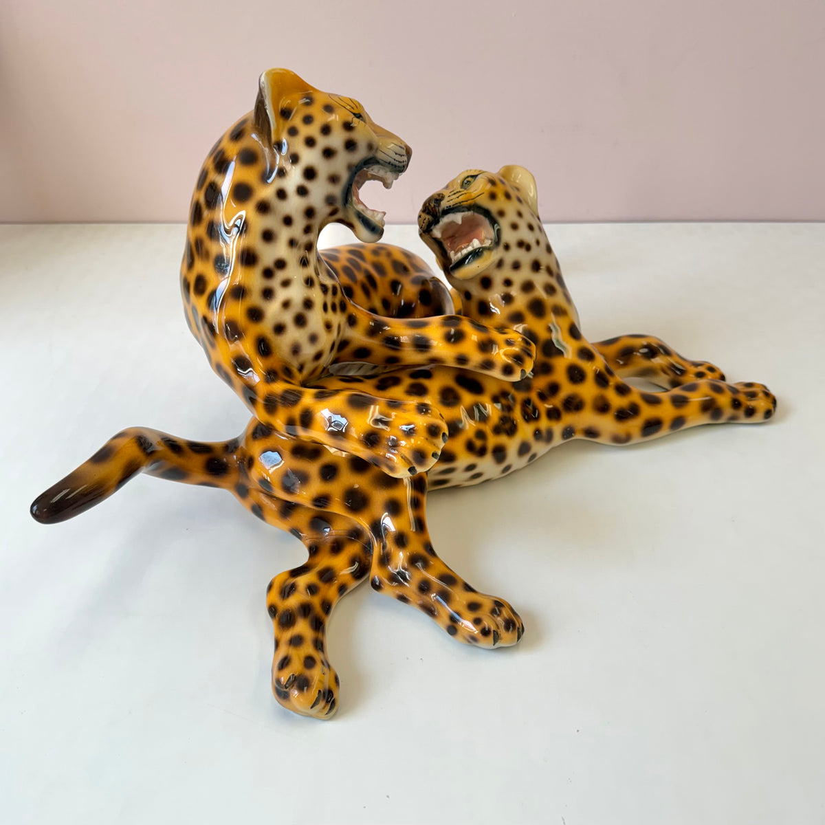 Vintage Mid-Century Ceramic Fighting Leopards Sculpture (as is)